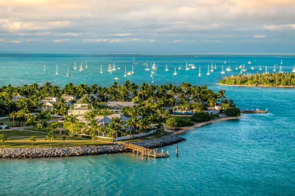 Panoramic sunrise landscape view of the small Islands Sunset Key and Wisteria Island of the Island of Key West, Florida Keys.