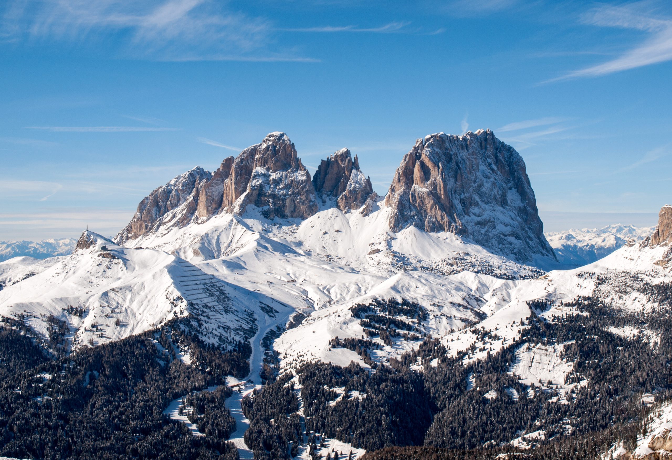Skiing area in the Dolomites Alps. Overlooking the Sella group in Val Gardena. Italy