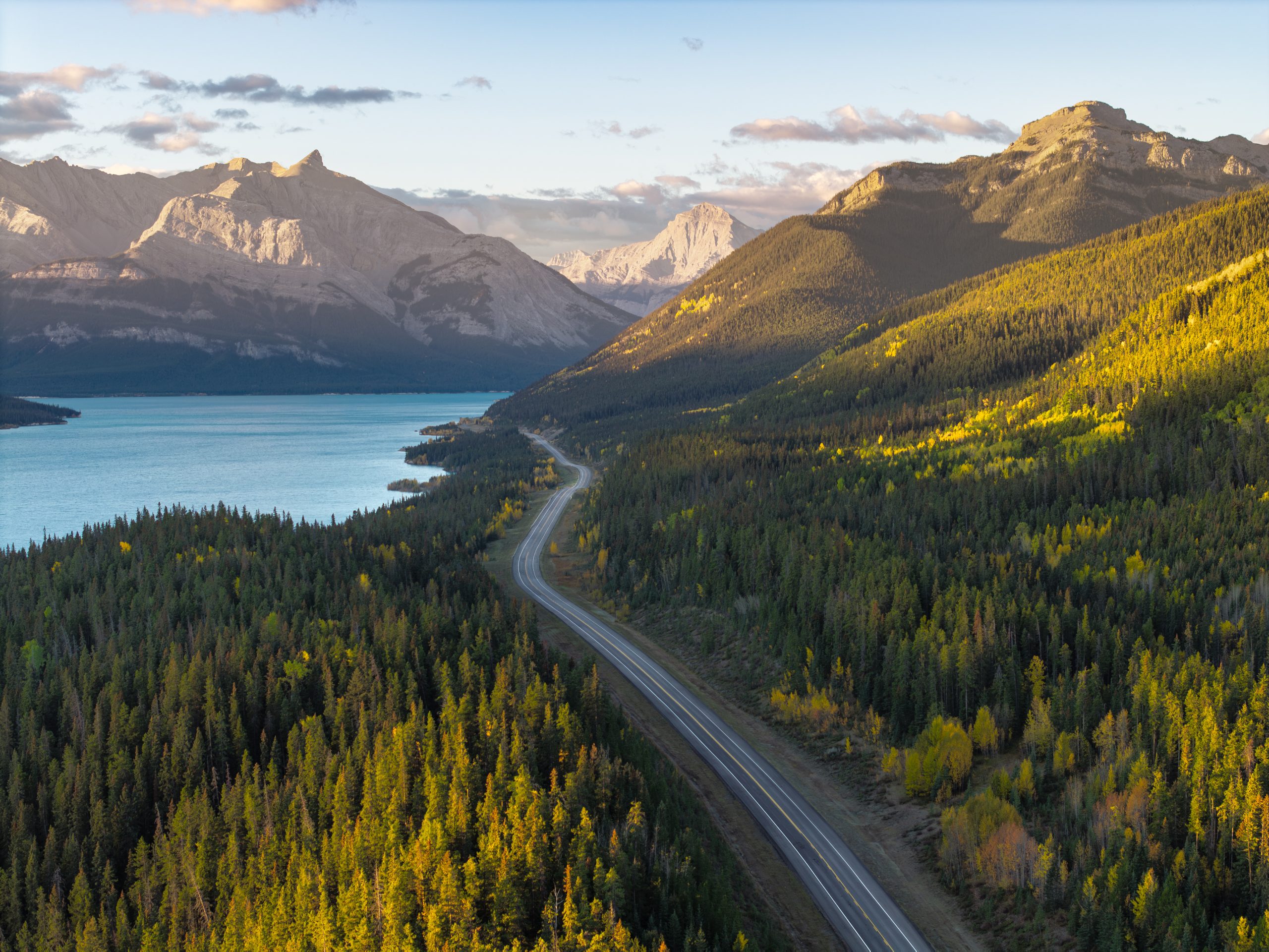 Aerial view of Abraham Lake and Icefields Parkway near Banff and Jasper