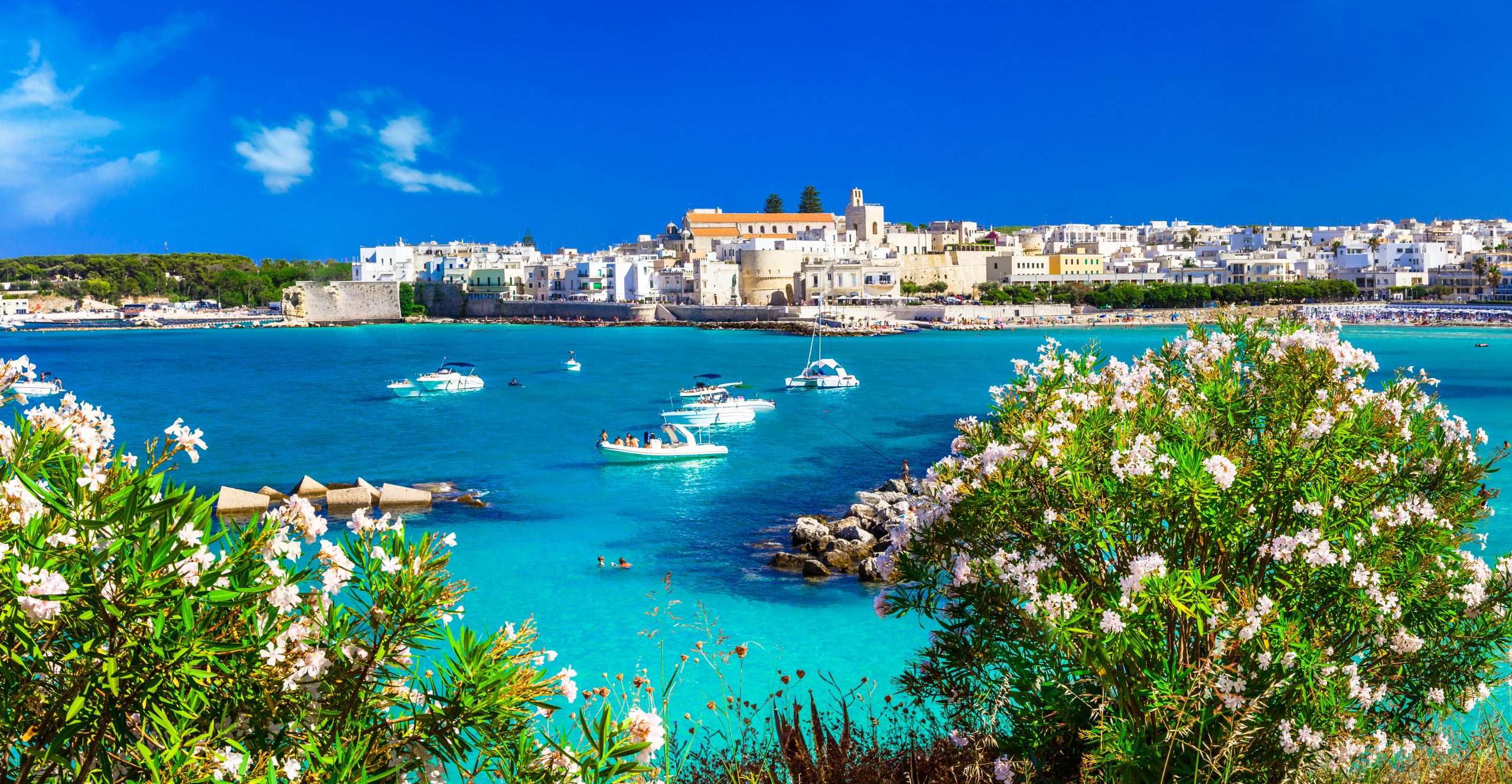 Picturesque view of Otranto through blooming flowers Salento Puglia Italy. Crystal clear turquoise sea and historic Italian town framed by spring blossoms